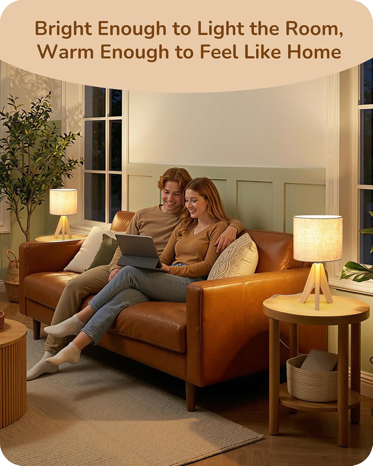 EDISHINE Tripod Table Lamp, Small Cute Bedside Lamp with Linen Beige Lampshade, Nightstand Lamp for Nursery, Bedroom, Kid Room, Living Room, Light Brown Wooden Base, E26 Socket, 14.2 Inch