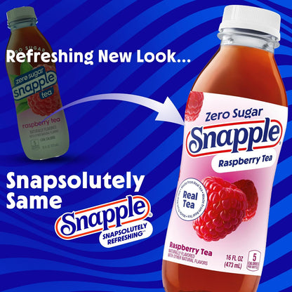 Snapple Zero Sugar Raspberry Tea, 16 fl oz recycled plastic bottle, Pack of 12