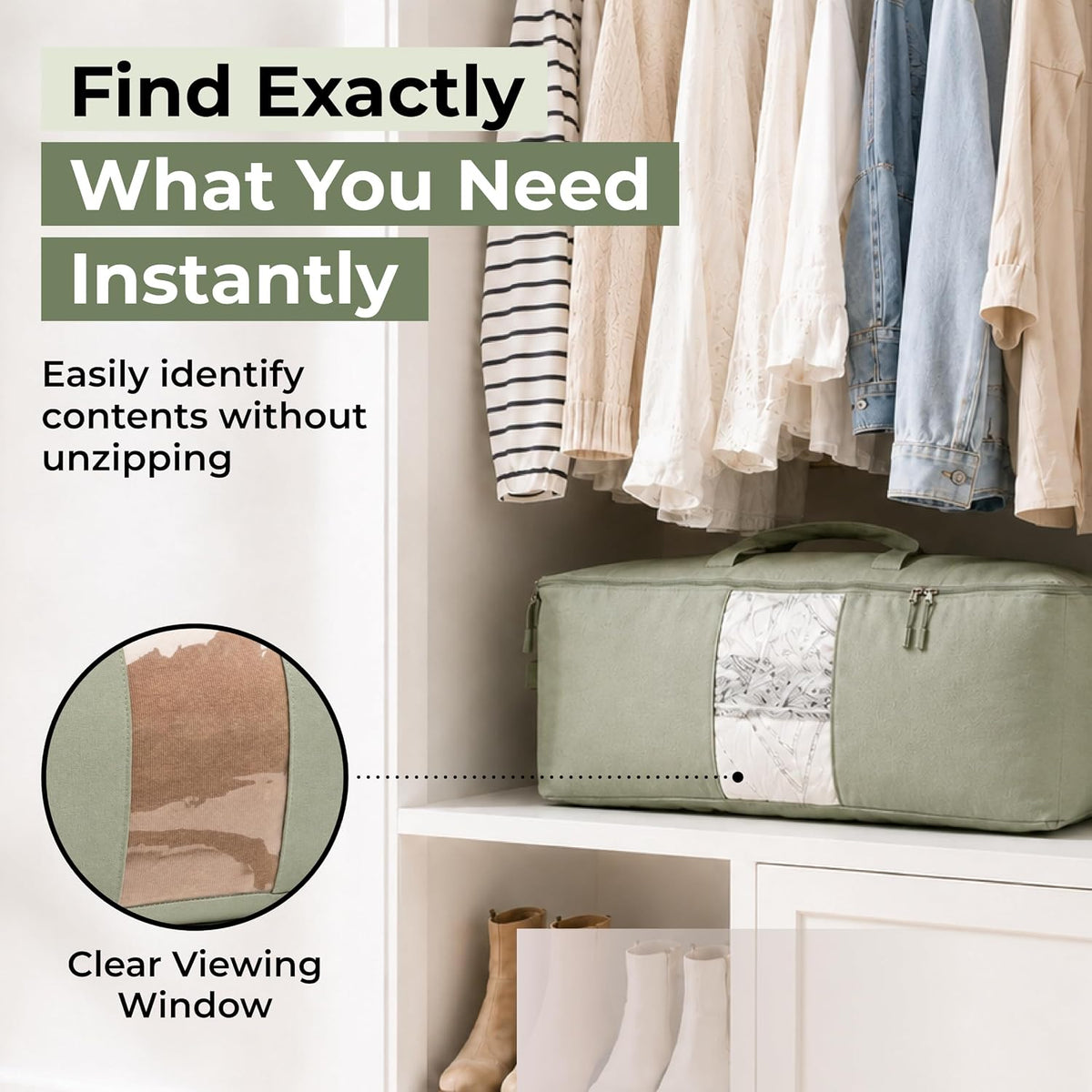 Soft Canvas Storage Bags with Zipper. Thick Breathable, 2pc King/Queen Comforter Organizer. Four Carrying Handles and Window. Large 25x19x9in Bag for Sheets Blankets Bedding Pillows, Clothes