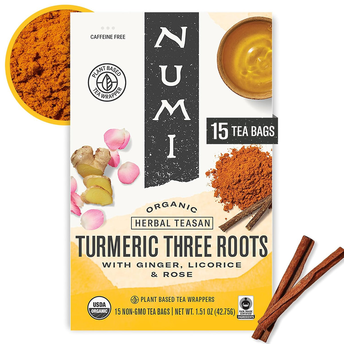 Numi Organic Three Roots Turmeric Tea, 15 Herbal Tea Bags, Caffeine Free