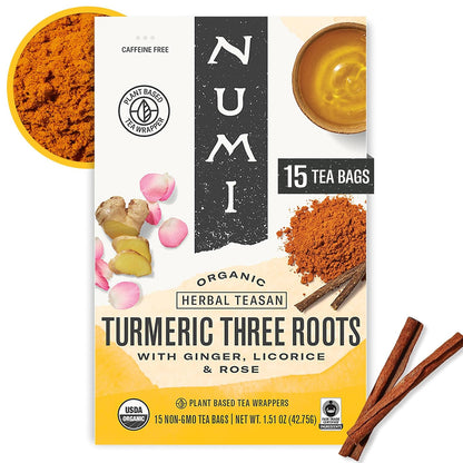 Numi Organic Three Roots Turmeric Tea, 15 Herbal Tea Bags, Caffeine Free