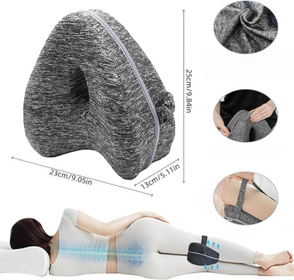 Memory Foam Knee Pillow for Side Sleepers, Hip & Spine Support, Grey | Ergonomic contour, adjustable elastic strap, breathable cover, durable memory foam, versatile for bed, sofa, office, travel