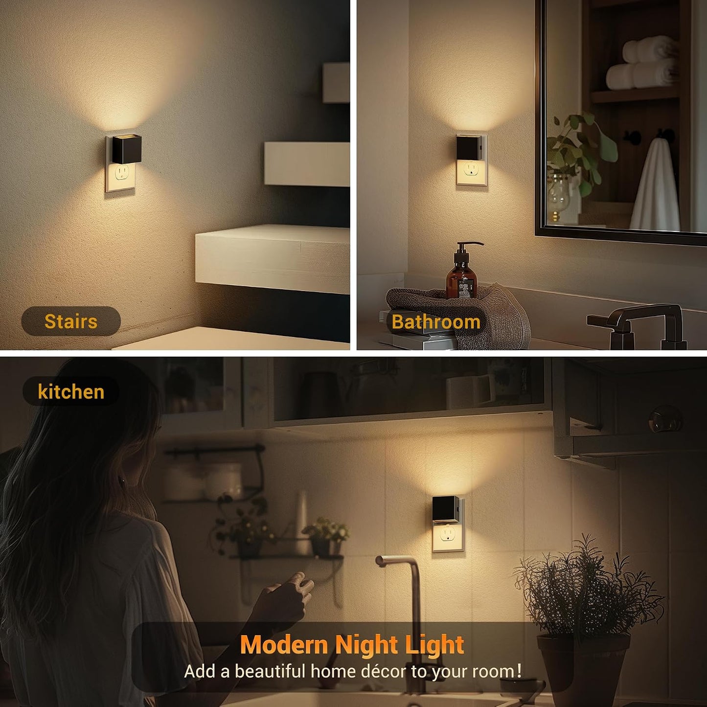 JandCase Night Light, Modern Night Lights Plug into Wall,2 Pack Dusk to Dawn Sensor Nightlight, Amber Brightness Adjustable Nightlight for Kids Bathroom Hallway Kitchen Bedroom Decor