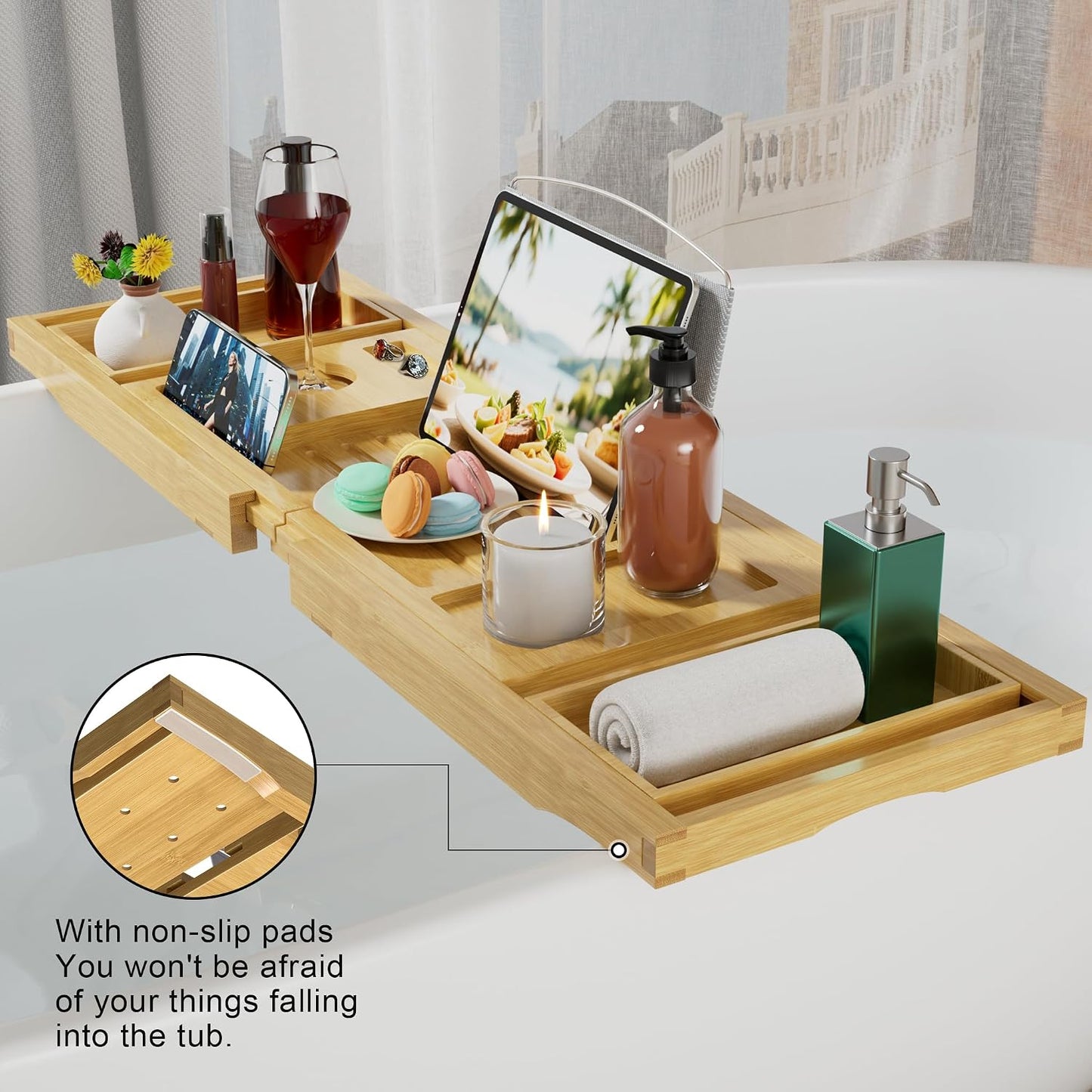 Artmalle Luxury Bathtub Caddy Tray for Tub - Foldable Bamboo Bath Table Tray with Book and Wine Glass Holder, Expandable Bathroom Accessories for Spa or Reading Lite Style