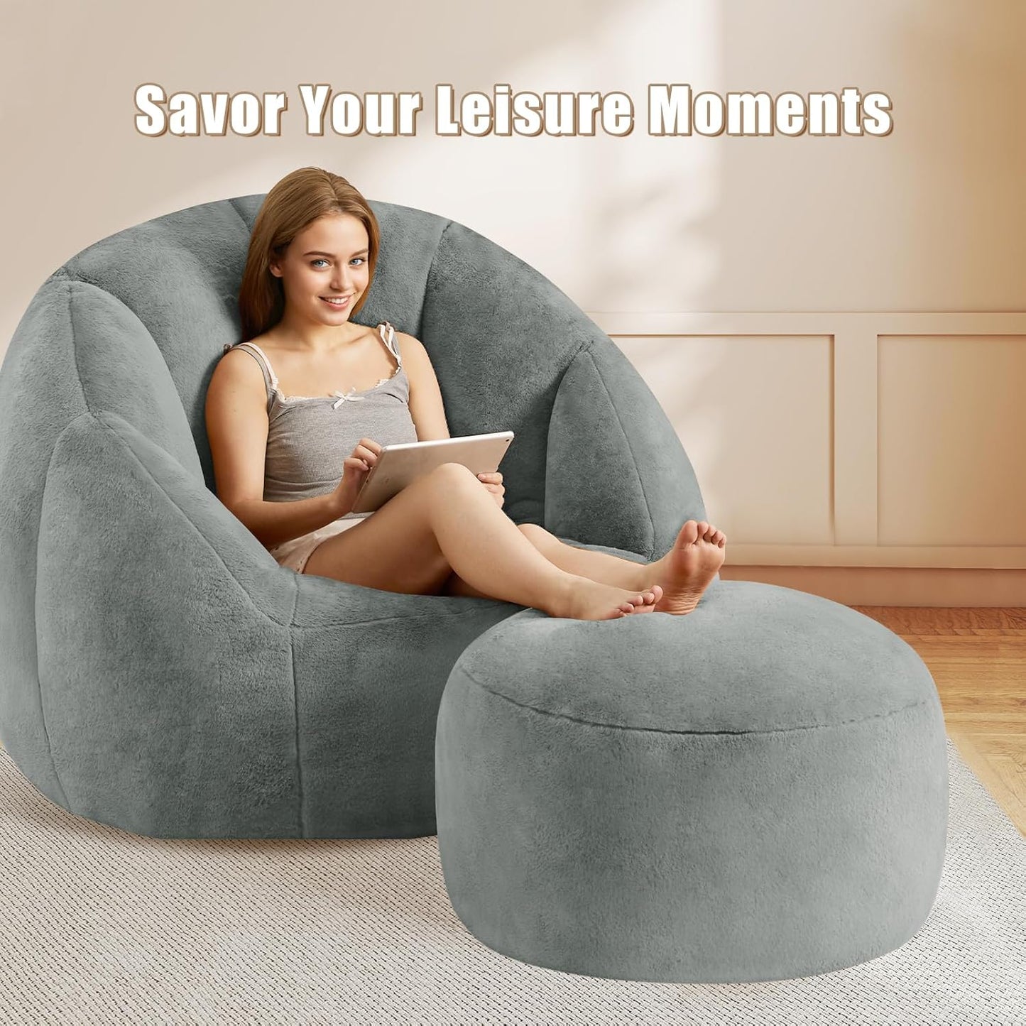 Round Stuffed Pouf Ottoman Foot Rest, Faux Fur Poufs with Memory Foam Filling, Ottomans for Living Room, Nursery, Dorm, Soft Foot Stool Ottoman for Couch, Perfect for Resting Your Feet (Grey, 20 Inch)