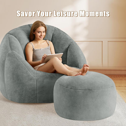 Round Stuffed Pouf Ottoman Foot Rest, Faux Fur Poufs with Memory Foam Filling, Ottomans for Living Room, Nursery, Dorm, Soft Foot Stool Ottoman for Couch, Perfect for Resting Your Feet (Grey, 20 Inch)
