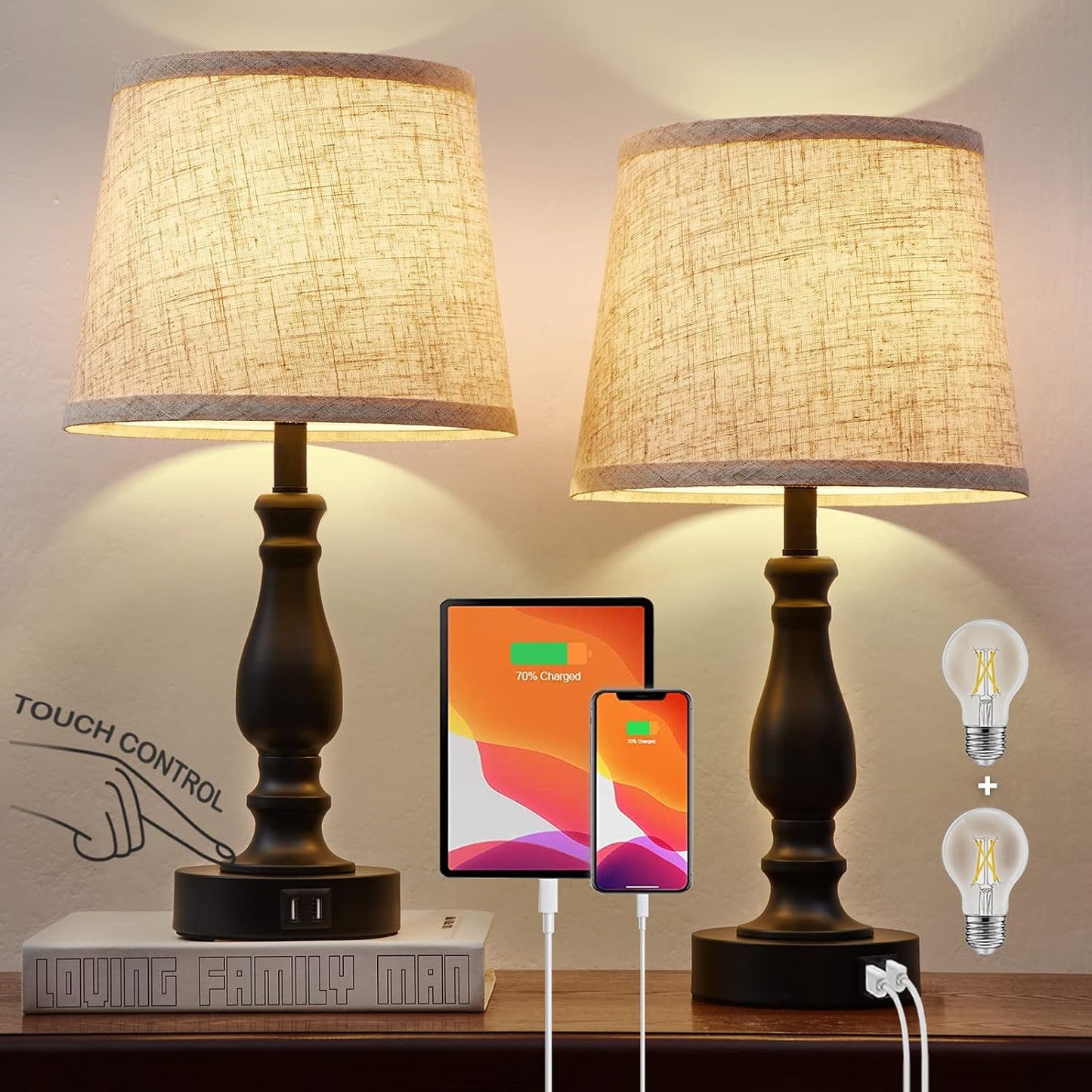 EJIAXIN Lamps for Bedrooms Set of 2, Brushed Nickel Bedside Lamps with USB C+A Ports,Dimmable Nightstand Lamps with Fabric Lampshade, Touch Table Lamp for Living Room Bedroom Office, Bulbs Included