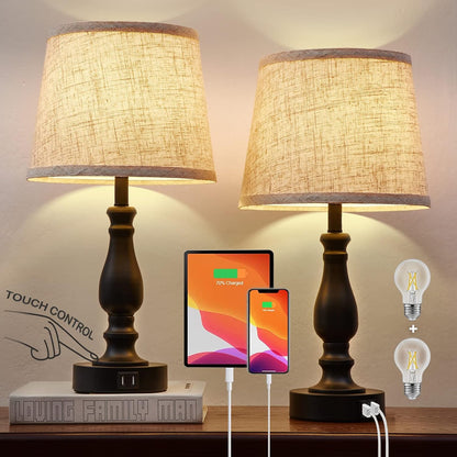 EJIAXIN Lamps for Bedrooms Set of 2, Brushed Nickel Bedside Lamps with USB C+A Ports,Dimmable Nightstand Lamps with Fabric Lampshade, Touch Table Lamp for Living Room Bedroom Office, Bulbs Included