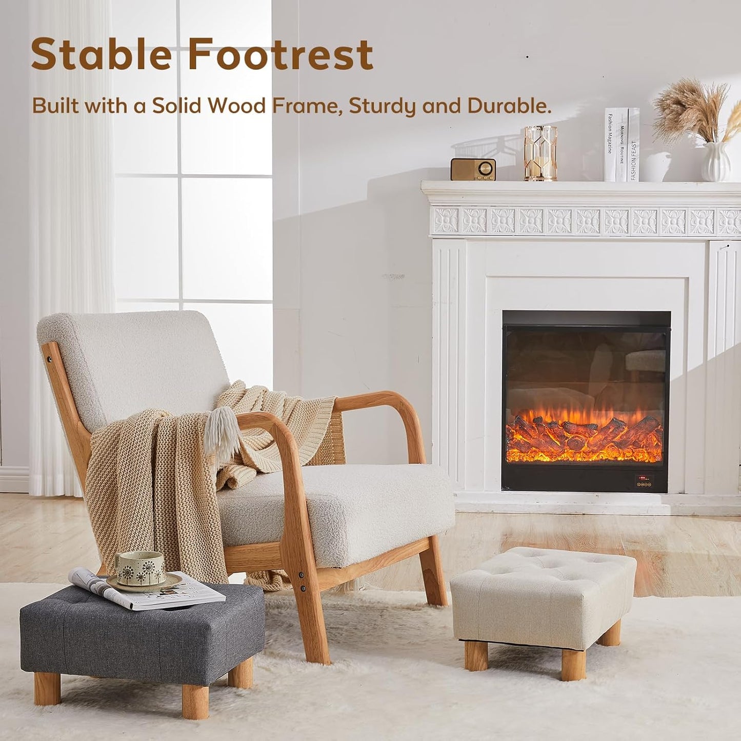 Small Foot Stool Ottoman, Sherpa Footstool Ottoman Foot Rest for Couch, Rectangle Footstools and Ottomans Small for Living Room, Entryway and Bedroom (White)