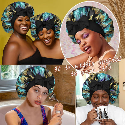 Satin Bonnet for Sleeping Cap Double Layer Hair Bonnet with Elastic Tie Band for Curly Hair Night Cap (Bean Paste + Pink)