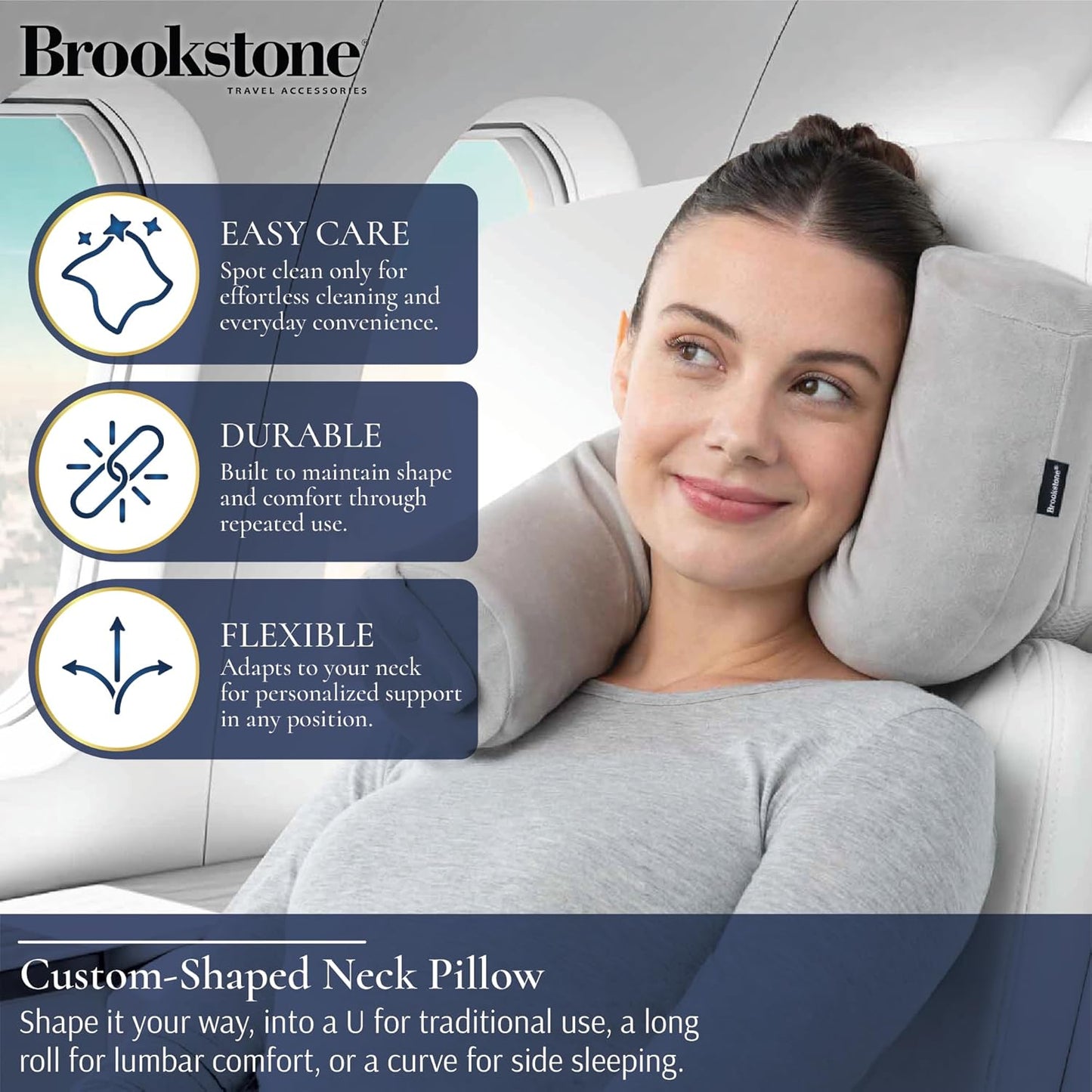 Brookstone Free Form Travel Pillow - Lightweight Flexible Memory Foam Travel Neck Pillow for Sleeping, Car, Airplane & Travel Support, Blue