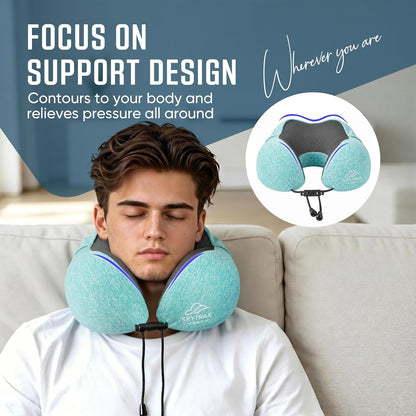 SkytraxComf® Travel Neck Pillow with Hood for Privacy on Long Flights | Memory Foam | Airplane Sleep | Safety-Tested Materials | Extra Large Hood | Chin Support | Earplugs | Washable Cover