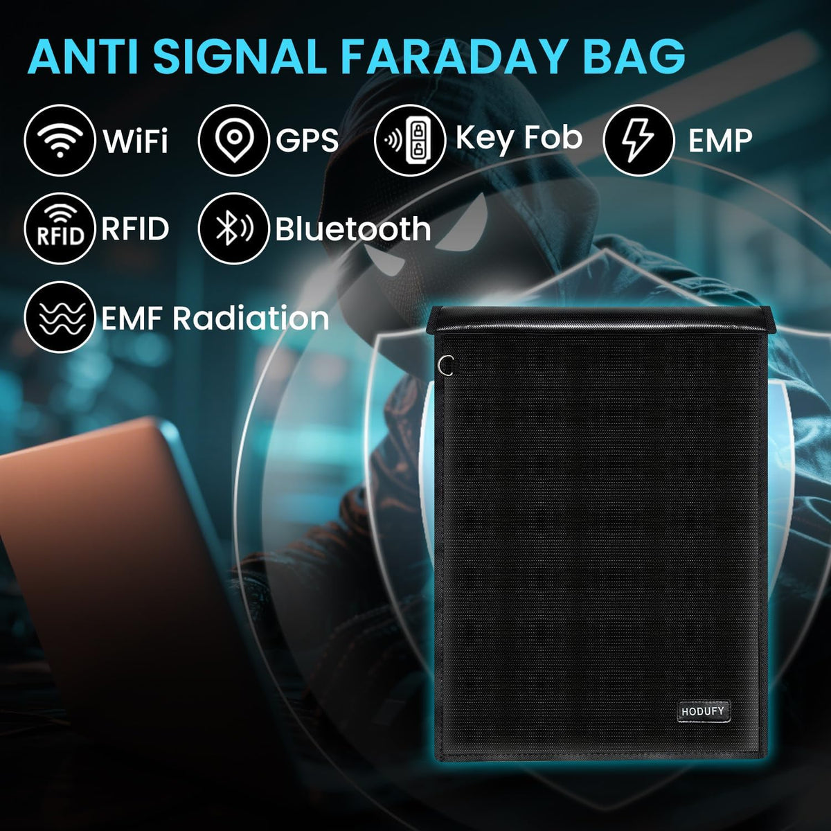 Faraday Bag (15 x 10 inches), Faraday Cage, Cell Phone Signal Jammer, Faraday Key Fob Protector, RFID Faraday Pouch Signal Blocker Anti-Theft Pouch, Anti-Hacking Case Blocker (Black)