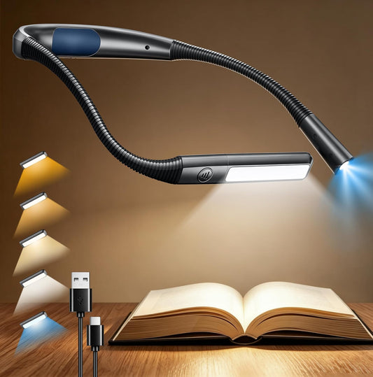 Glocusent Bendable Neck Light, 100Hrs Long Lasting Rechargeable Book Light, 5 Colors & Stepless Dimming Reading Light - Perfect Book Lights for Reading at Night, Knitting, Book Lovers Gifts