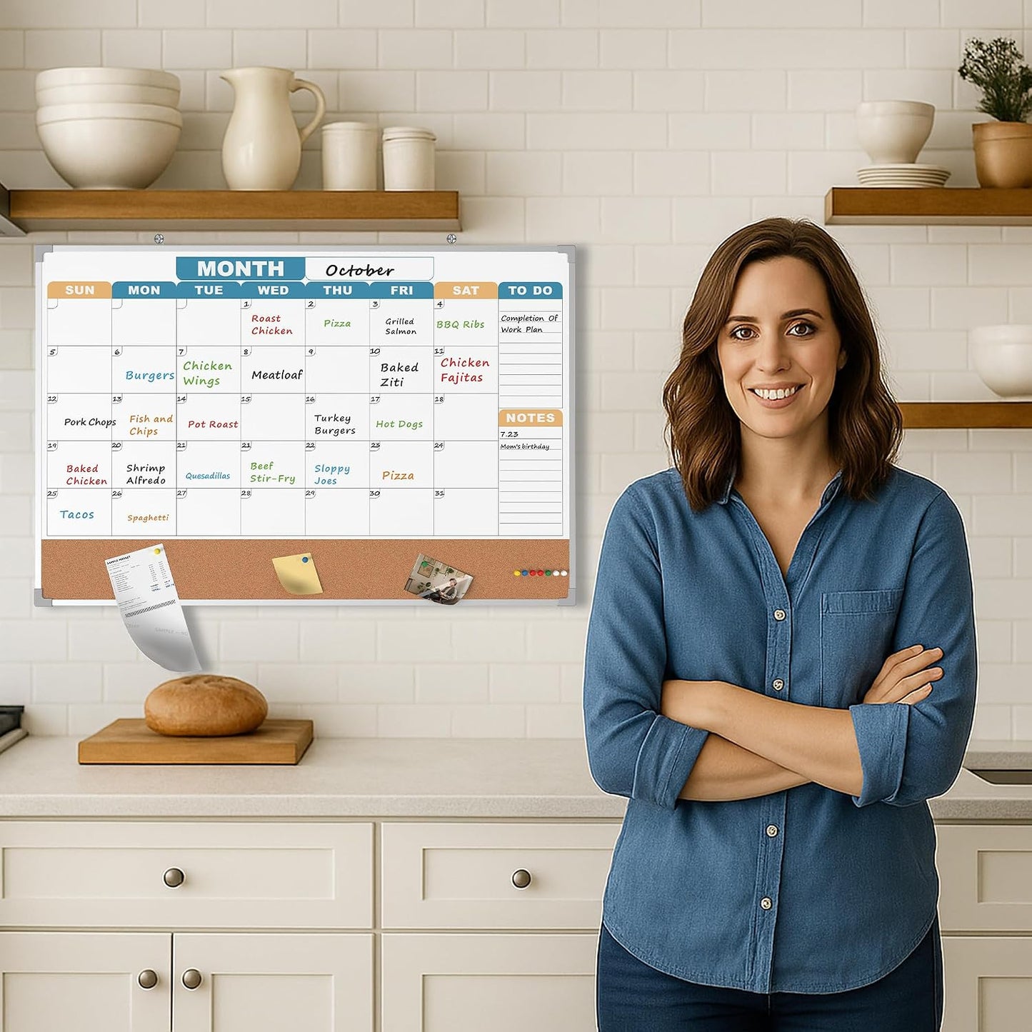Monthly Calendar Dry Erase Board 16x12 Inch, Double-Sided Whiteboard and Corkboard Combo, Wall Mounted Planner Organizer with Markers, Magnets, Push Pins, Eraser, for Home Office School