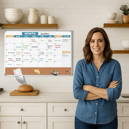 Monthly Calendar Dry Erase Board 16x12 Inch, Double-Sided Whiteboard and Corkboard Combo, Wall Mounted Planner Organizer with Markers, Magnets, Push Pins, Eraser, for Home Office School
