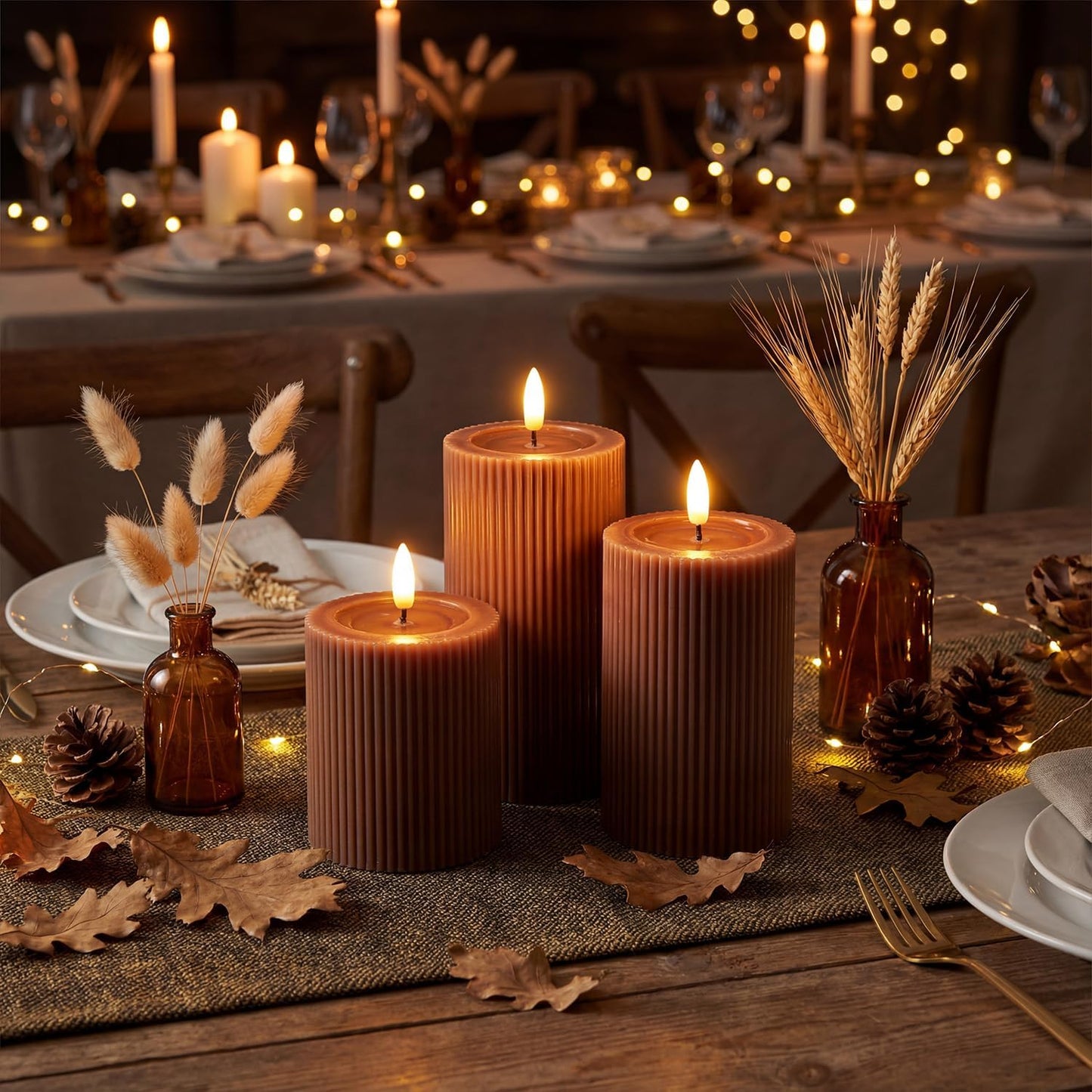 Ribbed Fluted Real Wax Flameless LED Pillar Candles, Loden Sage Olive Green, Melted-Wax Top Look, Flickering Flame, Battery Operated, Remote & Timer, Shelf & Wedding Decor (Set of 3)