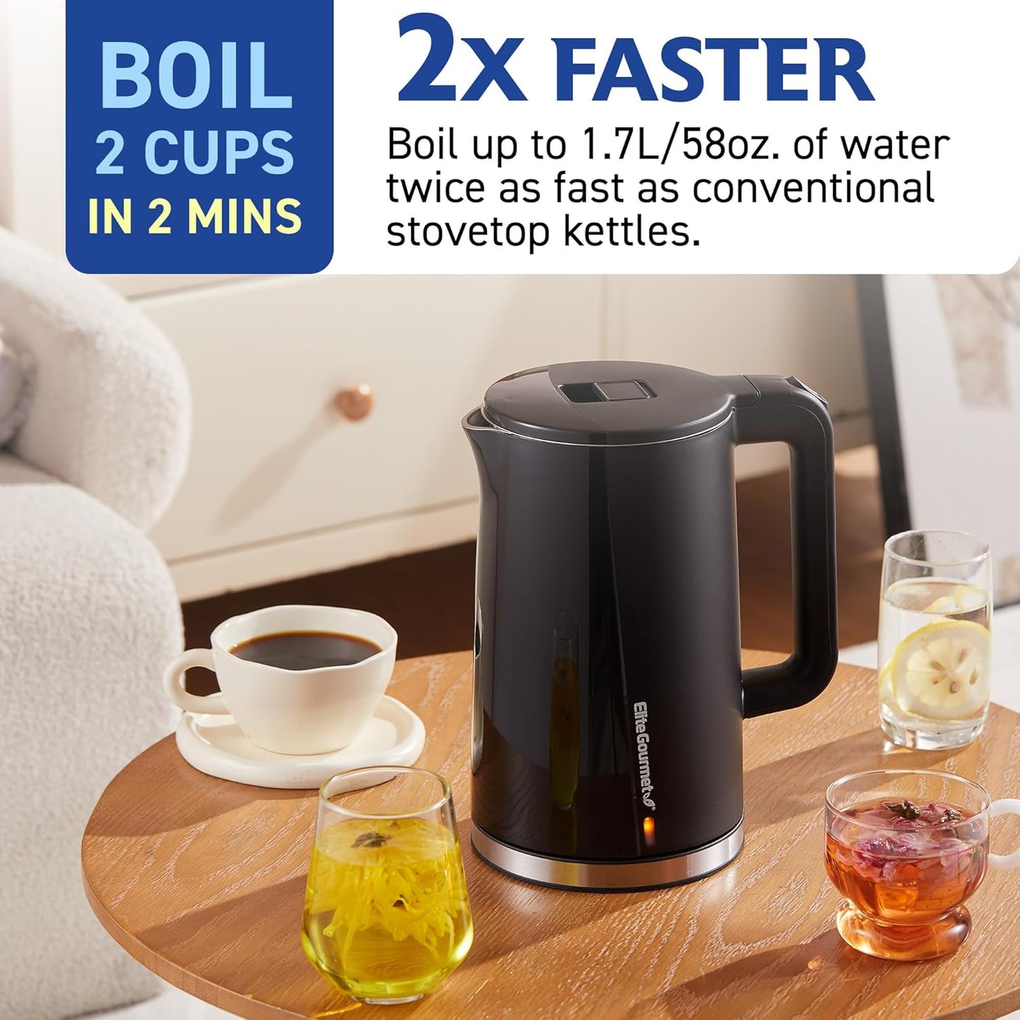Elite Gourmet 1L Glass Electric Water Kettle, BPA-Free, Fast Boil, Auto Shut-Off, Boil-dry Protection, 360° Swivel Base with Cordless Serving, Clear-view Water Level Markings, Mint