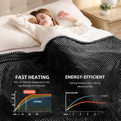 Homemate Heated Blanket Electric Throw - 50"x60" Heating Blanket Throw 1/2/4/6/8 Hours Auto-Off 10 Heat Levels Over-Heat Protection Soft Flannel Sherpa Heater ETL Certification