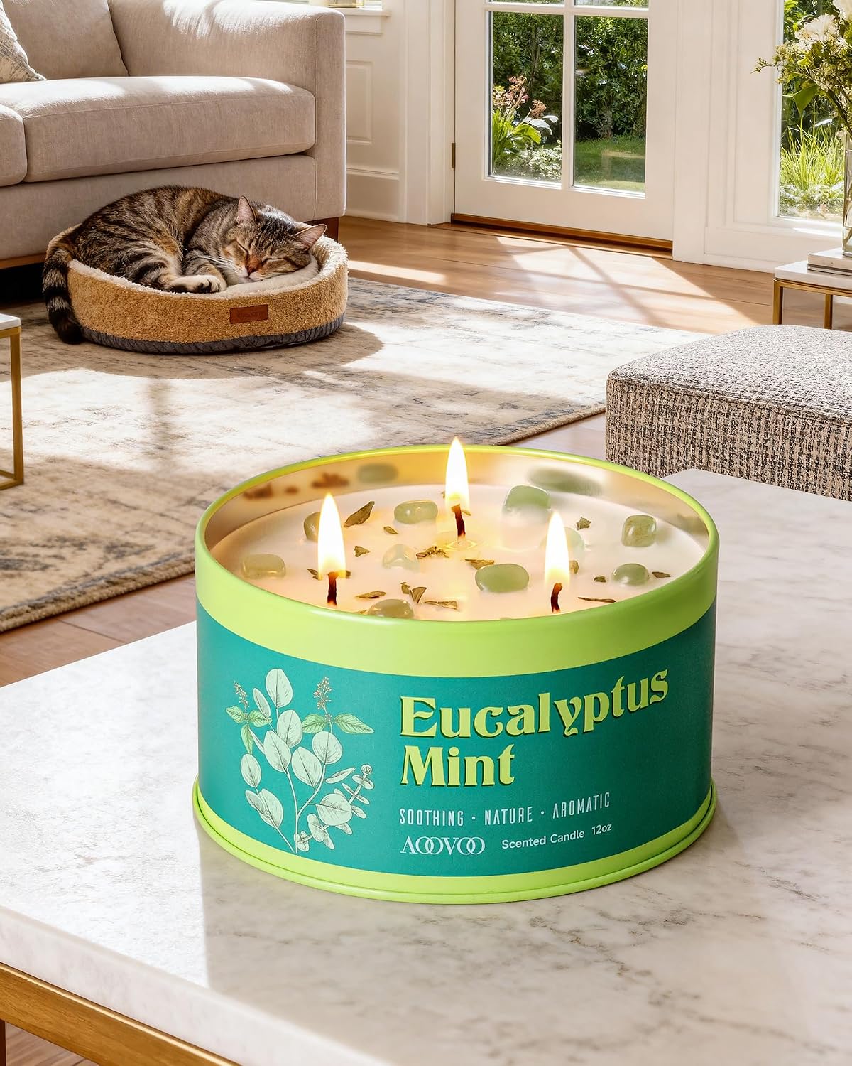 AOOVOO Sage Candle for Cleansing - 3 Wick 12oz Large Scented Candle with Crystals & Sage Leaves Inside, Soy Candles Non Toxic for Meditation Spiritual Gift, Aromatherapy Candle for Women Men