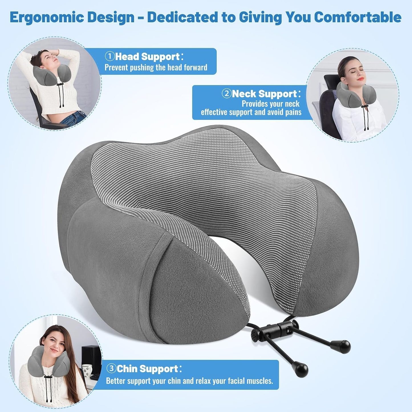 CloudBliss Travel Pillow for Airplane, Memory Foam Neck Pillow for Travel, Compact Flight Pillow with Eye Mask, Earplugs, Carry Bag, Travel Neck Pillow for Long Flight Sleep, Plane Accessories, Black