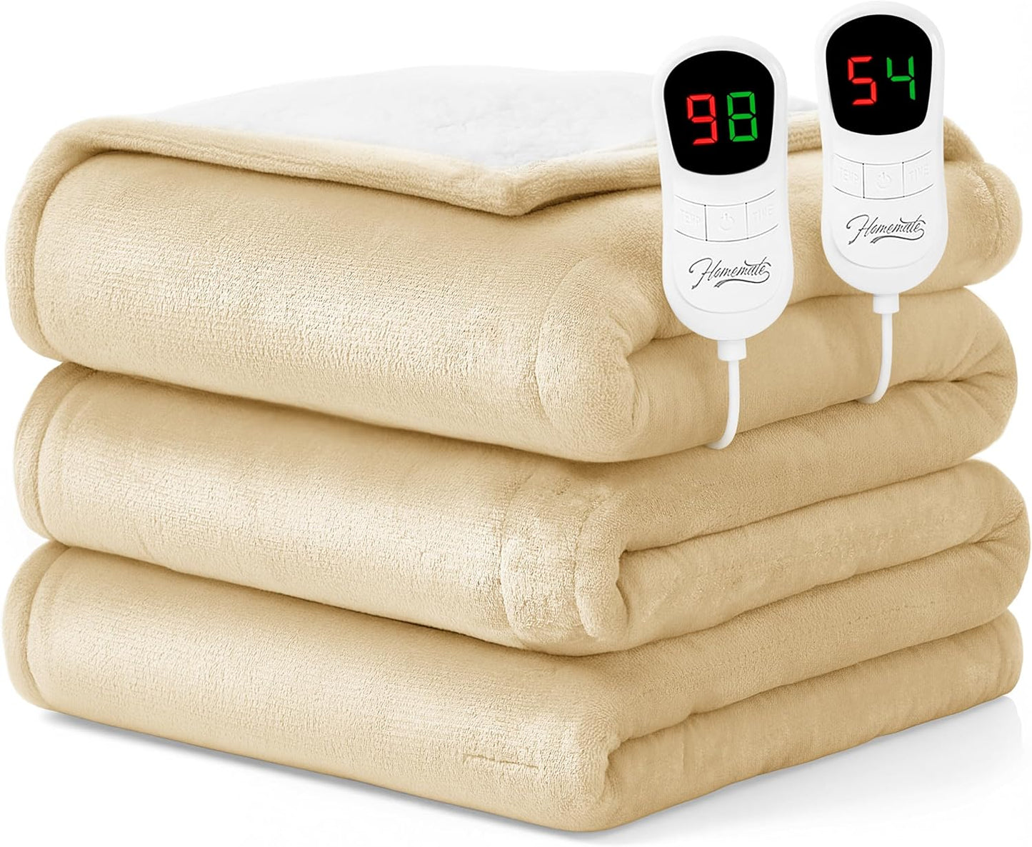 Homemate Heated Blanket Electric Throw - 50"x60" Heating Blanket Throw 1/2/4/6/8 Hours Auto-Off 10 Heat Level Over-Heat Protection Flannel Sherpa ETL Certification