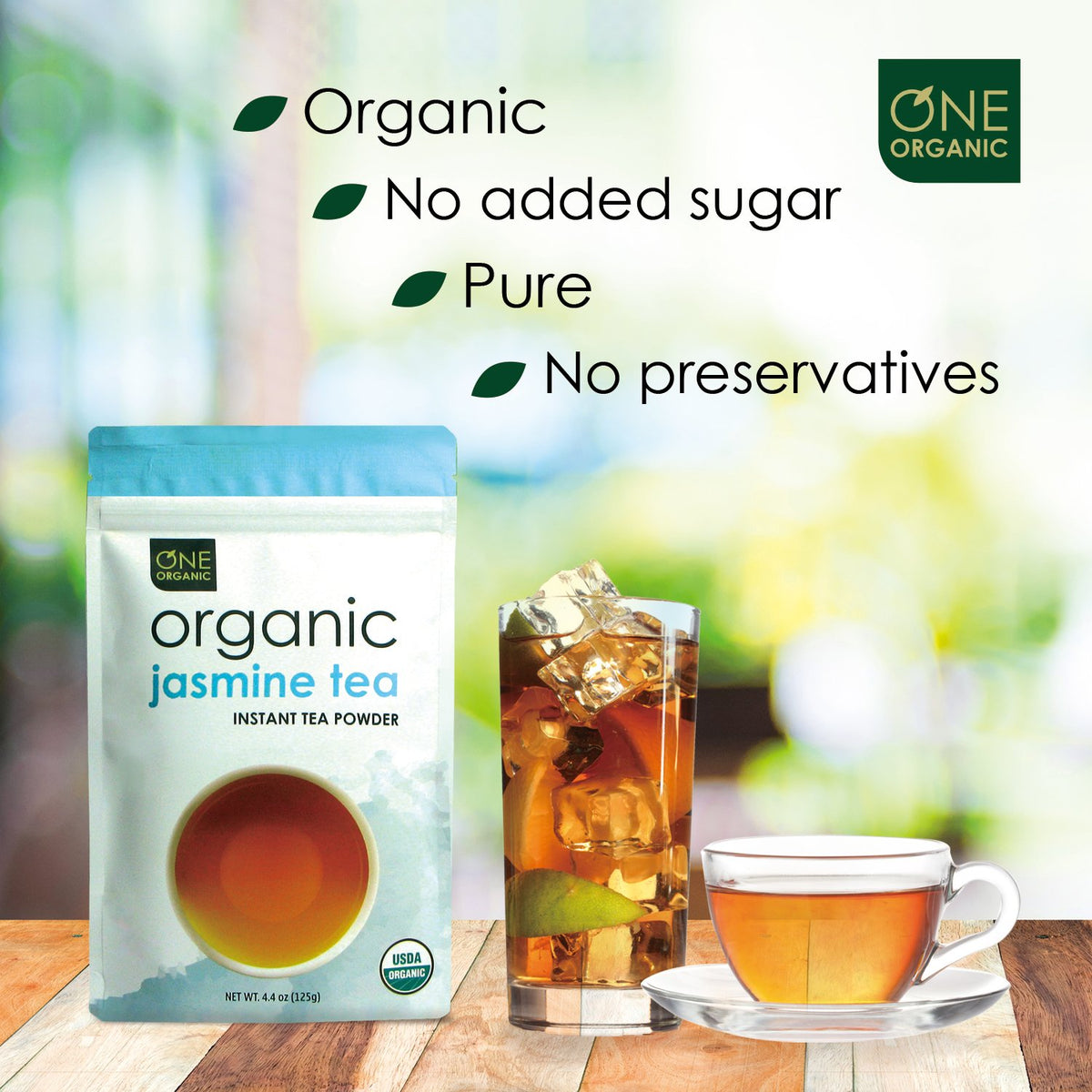 ONE ORGANIC Instant Jasmine Tea Powder - 4.4 oz. - 125 Servings - USDA Certified Organic - 100% Pure - Hot or Iced - Unsweetened