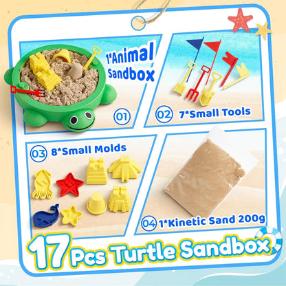 7.1 in Desktop Turtle Sandbox with Lid -17Pcs MINI Desk Zen Garden Kit with Varied Molds, Tools & Sand, Mini Zen Garden for Desk, Stress Relief Desk Toys Gifts for Office for Adults (Turtle)
