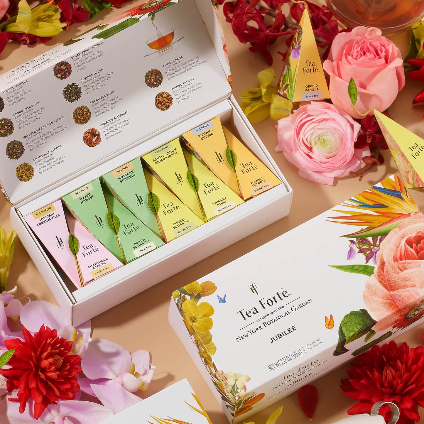 Tea Forte Premium Presentation Box Gift Set Sampler, 20 Count, Assorted Blends Individually Wrapped Handcrafted Pyramid Infuser Bags, Jubilee Tea