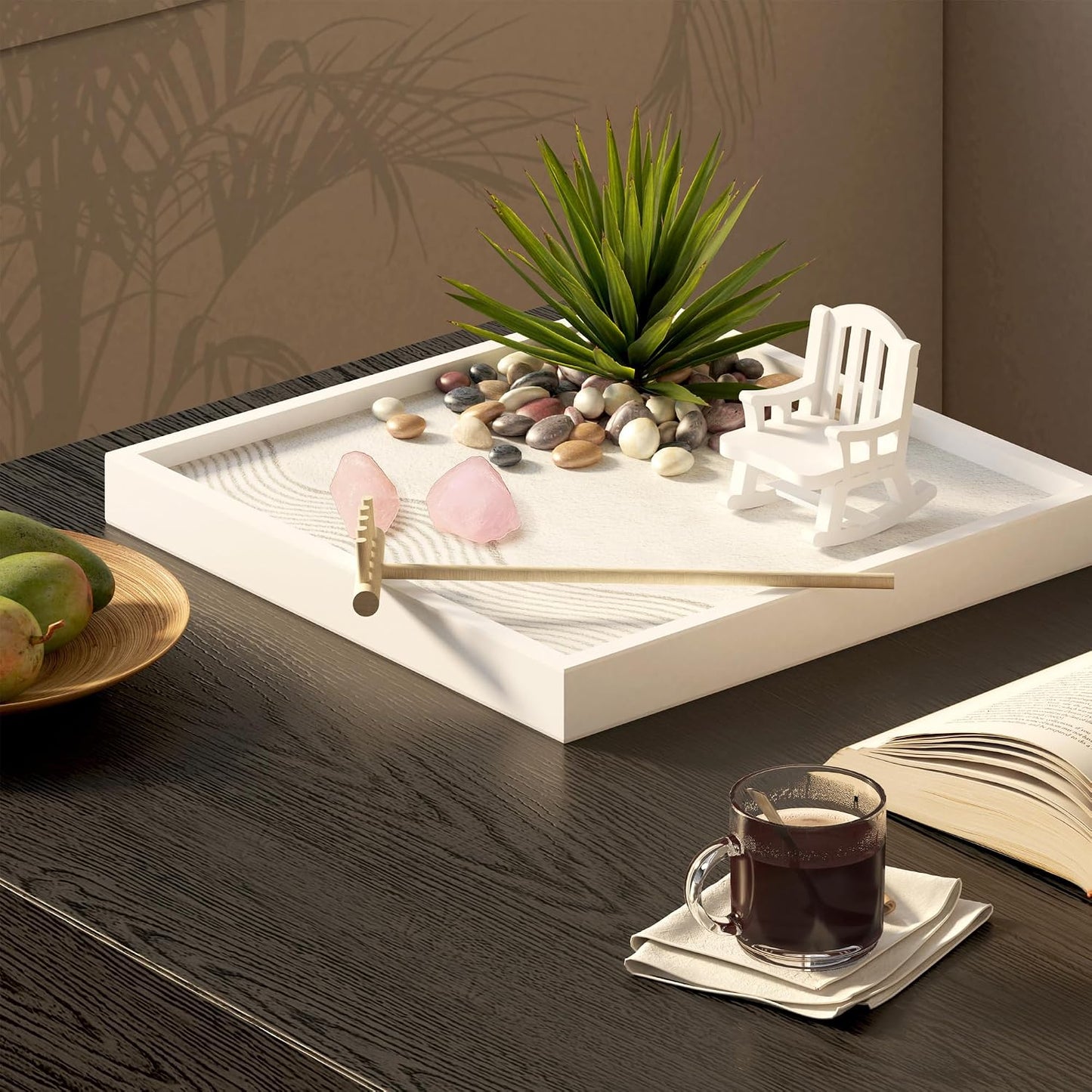 Zen Garden for Desk – White Modern Style with Healing Crystals and Sand Rake, Perfect for Home, Office, and Desktop Decor, Meditation and Stress Relief