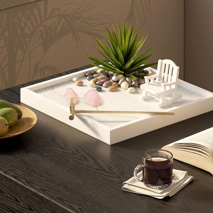 Zen Garden for Desk – White Modern Style with Healing Crystals and Sand Rake, Perfect for Home, Office, and Desktop Decor, Meditation and Stress Relief
