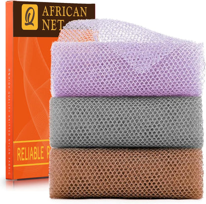 UJFQBH 3 Pieces African Bath Sponge African Net Long Net Bath Sponge Exfoliating Shower Body Scrubber Back Scrubber Skin Smoother,Great for Daily Use (Pink,Yellow,Purple)