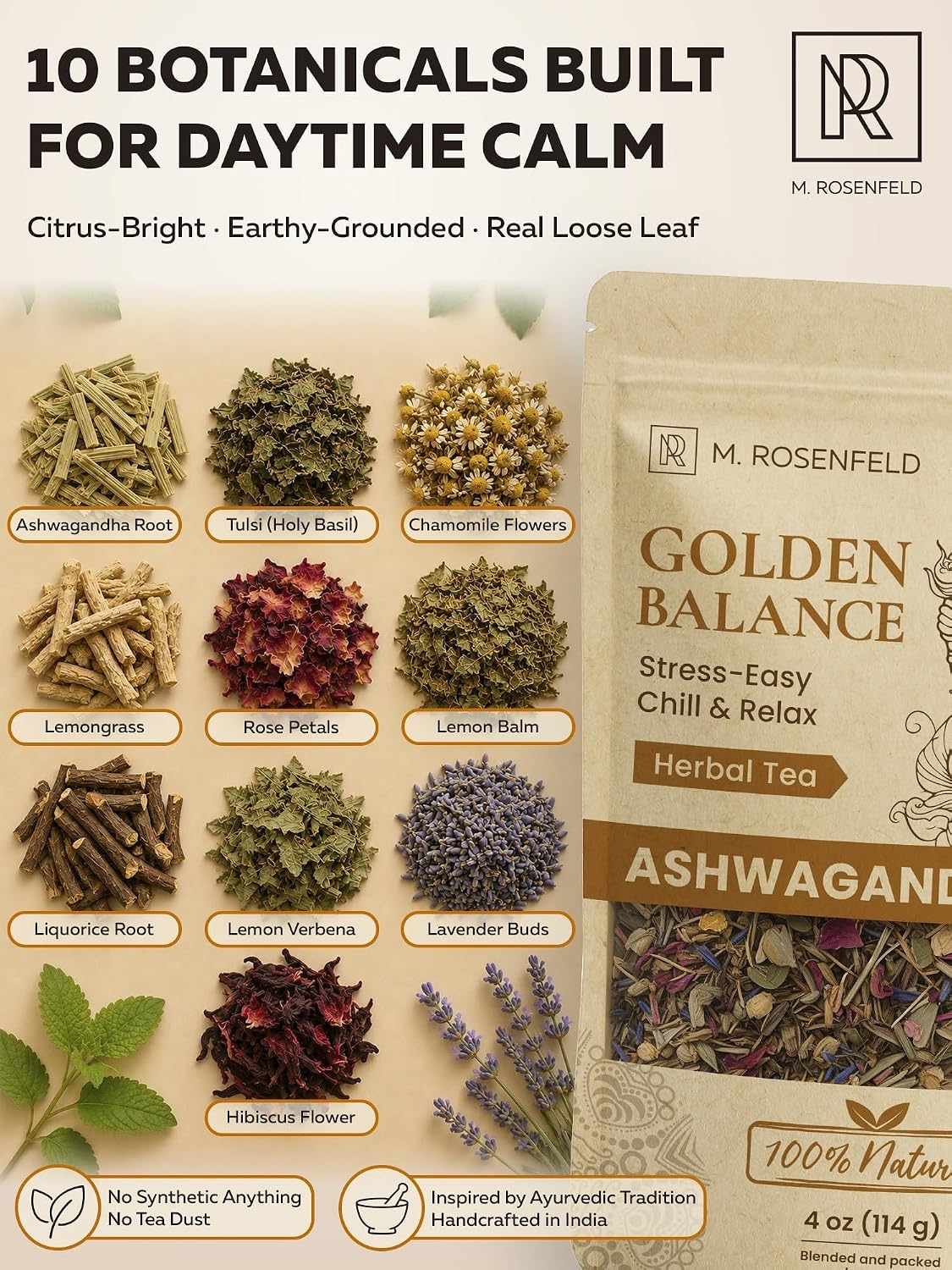 Ashwagandha Tea Loose Leaf – Golden Balance – Chill & Relax Herbal Blend with Chamomile, Lemon Balm & Lavender – Caffeine-Free Adaptogen Root Tea with a Naturally Slightly Earthy Flavor for Calm & Relaxation, 4 oz