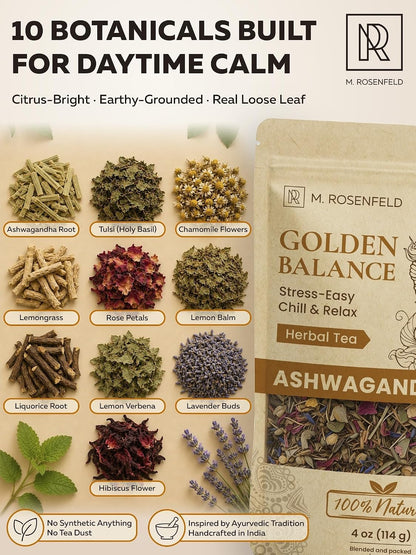 Ashwagandha Tea Loose Leaf – Golden Balance – Chill & Relax Herbal Blend with Chamomile, Lemon Balm & Lavender – Caffeine-Free Adaptogen Root Tea with a Naturally Slightly Earthy Flavor for Calm & Relaxation, 4 oz