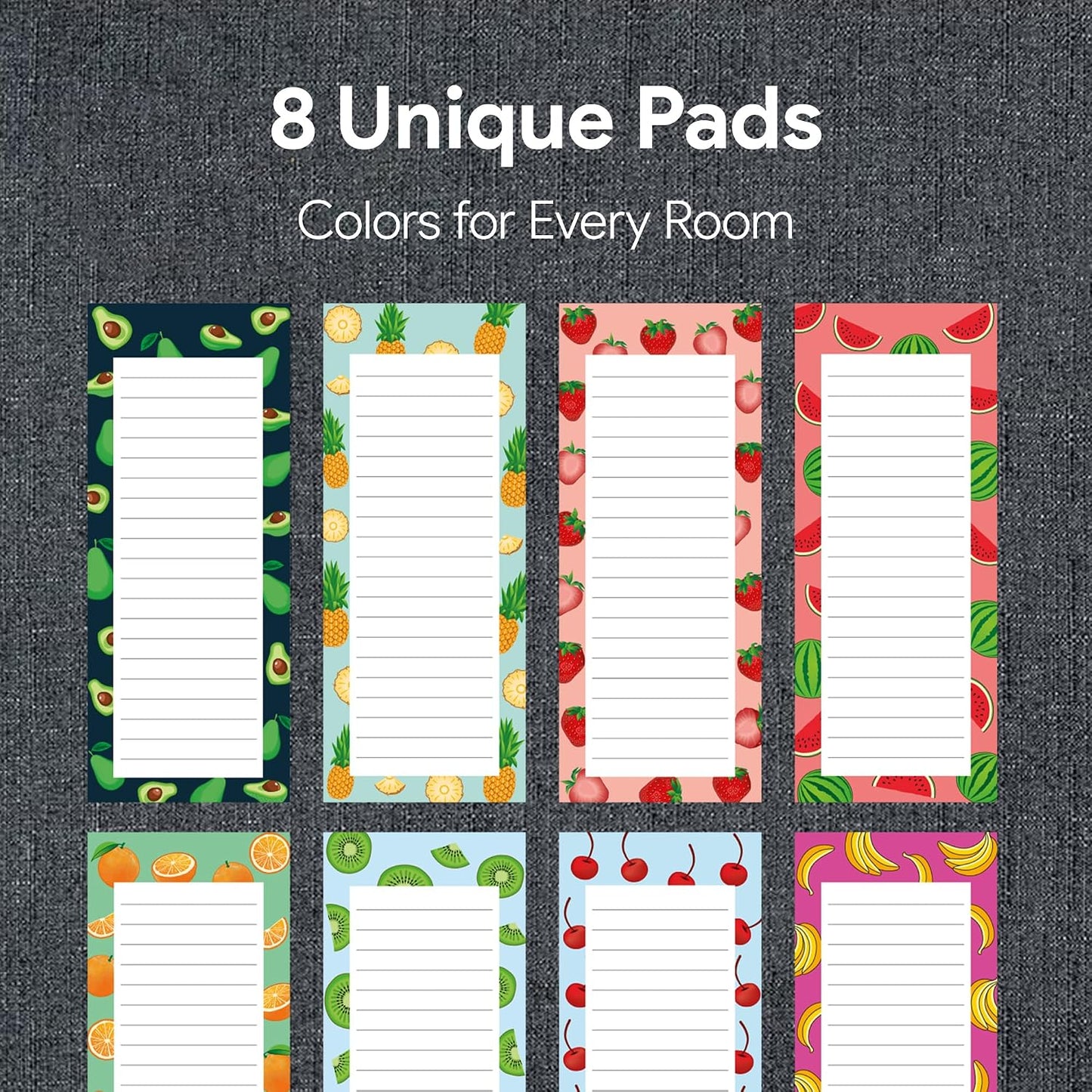 8 Magnetic Notepads – Notepads for Grocery List, Shopping List, To-Do List, Reminders -Strong Magnetic Back- Memo Notepad with Realistic Fruit Designs | 25 Sheets per Pad 7.5 x 3.5 inch (8 Pack)