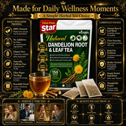 WOTIHA 60 Count Premium Dandelion Root Tea Bags - 100% Natural Roasted, Supports Liver & Kidney Health, Digestion & Immunity, Caffeine-Free, Additive-Free, Gluten-Free, Vegan.
