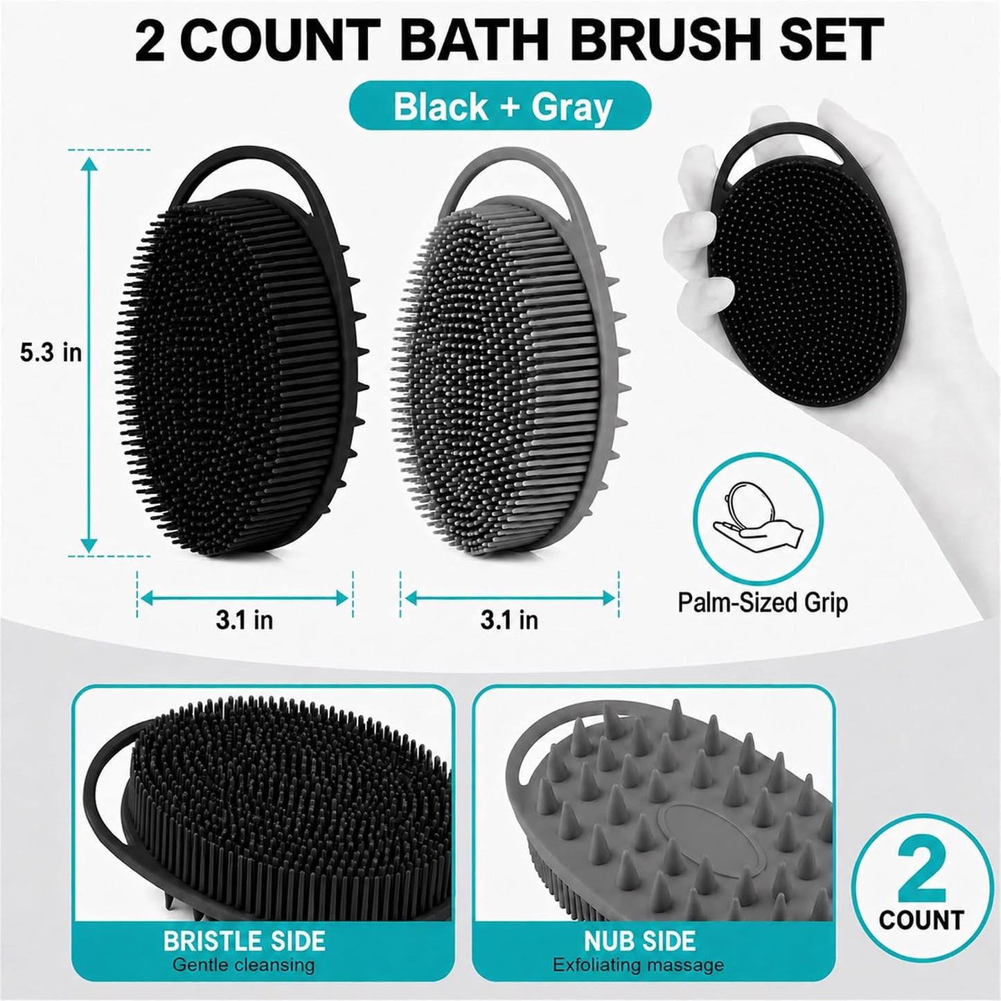 2 Pack Silicone Body Scrubber, Loofah Double-Sided Body Brush,Shower Scrubber and Scalp Massager Shampoo Brush for Sensitive Kids Women Men All Kinds of Skin (Black & Pink)