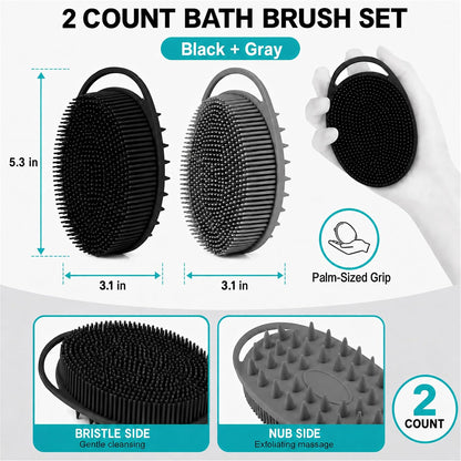 2 Pack Silicone Body Scrubber, Loofah Double-Sided Body Brush,Shower Scrubber and Scalp Massager Shampoo Brush for Sensitive Kids Women Men All Kinds of Skin (Black & Pink)