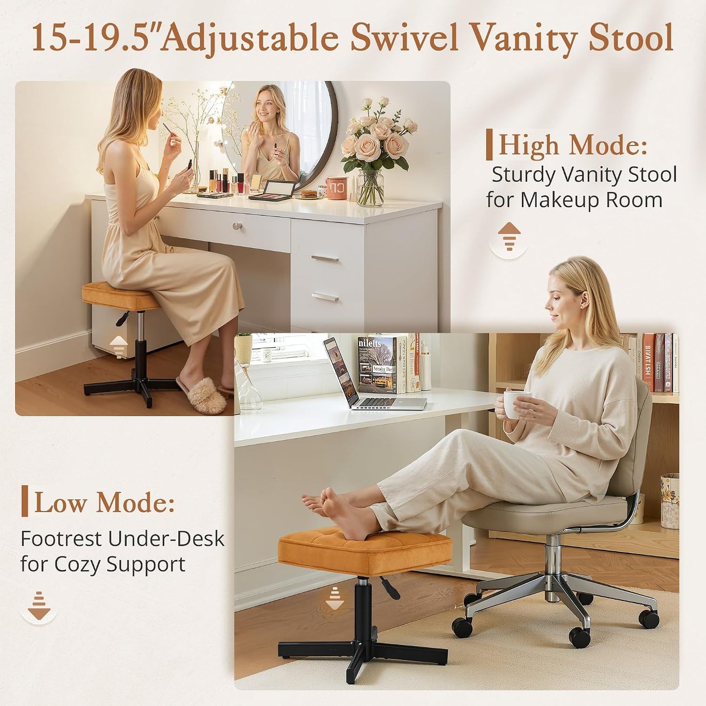 LUE BONA Adjustable Vanity Stool, Foot Rest Under Desk, 360° Swivel Vanity Chair for Makeup Room, Black Upholstered Faux Leather Ottoman for Bathroom & Living Room, 300lbs
