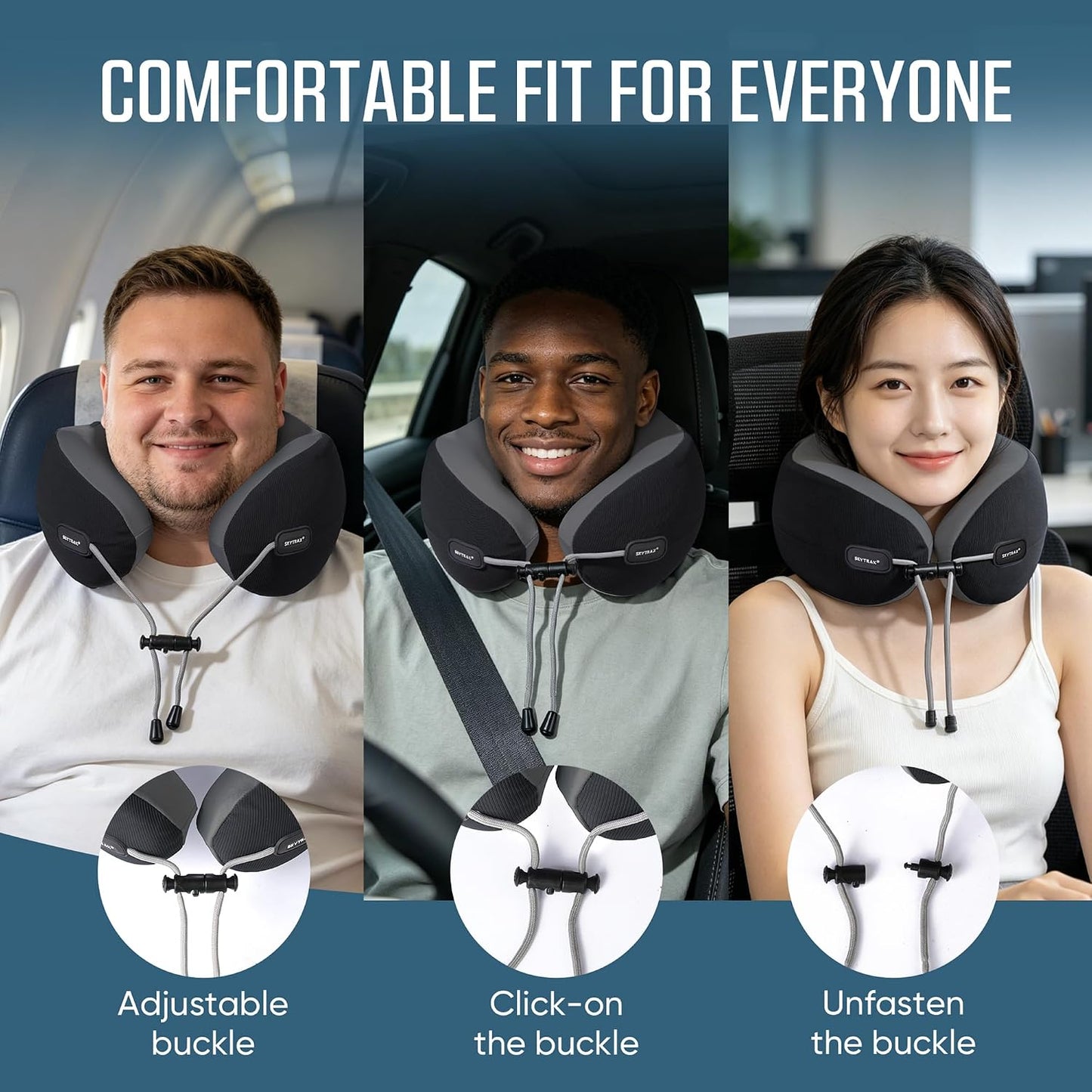 SKYTRAX COMF® Premium Ergonomic Memory Foam Travel Neck Pillow, Washable Cooling Ice Silk Cover, Firm Neck Support for Airplane Long Flights & Pain Relief, with Portable Carry Case (Grey)