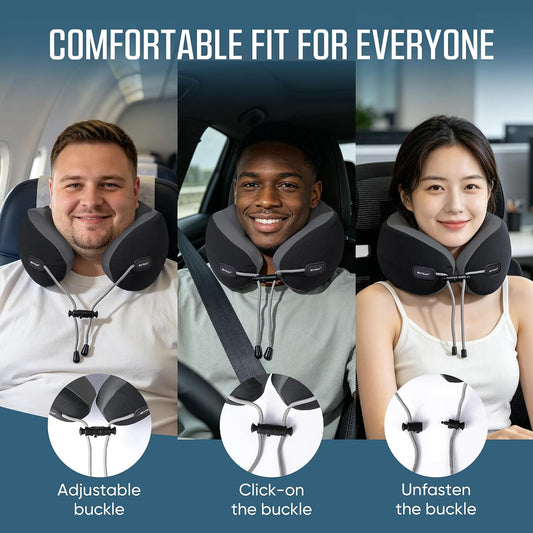SKYTRAX COMF® Premium Ergonomic Memory Foam Travel Neck Pillow, Washable Cooling Ice Silk Cover, Firm Neck Support for Airplane Long Flights & Pain Relief, with Portable Carry Case (Grey)