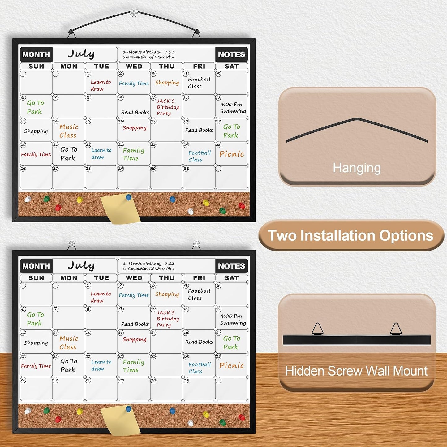 Monthly Calendar Dry Erase Board 16x12 Inch, Double-Sided Whiteboard and Corkboard Combo, Wall Mounted Planner Organizer with Markers, Magnets, Push Pins, Eraser, for Home Office School
