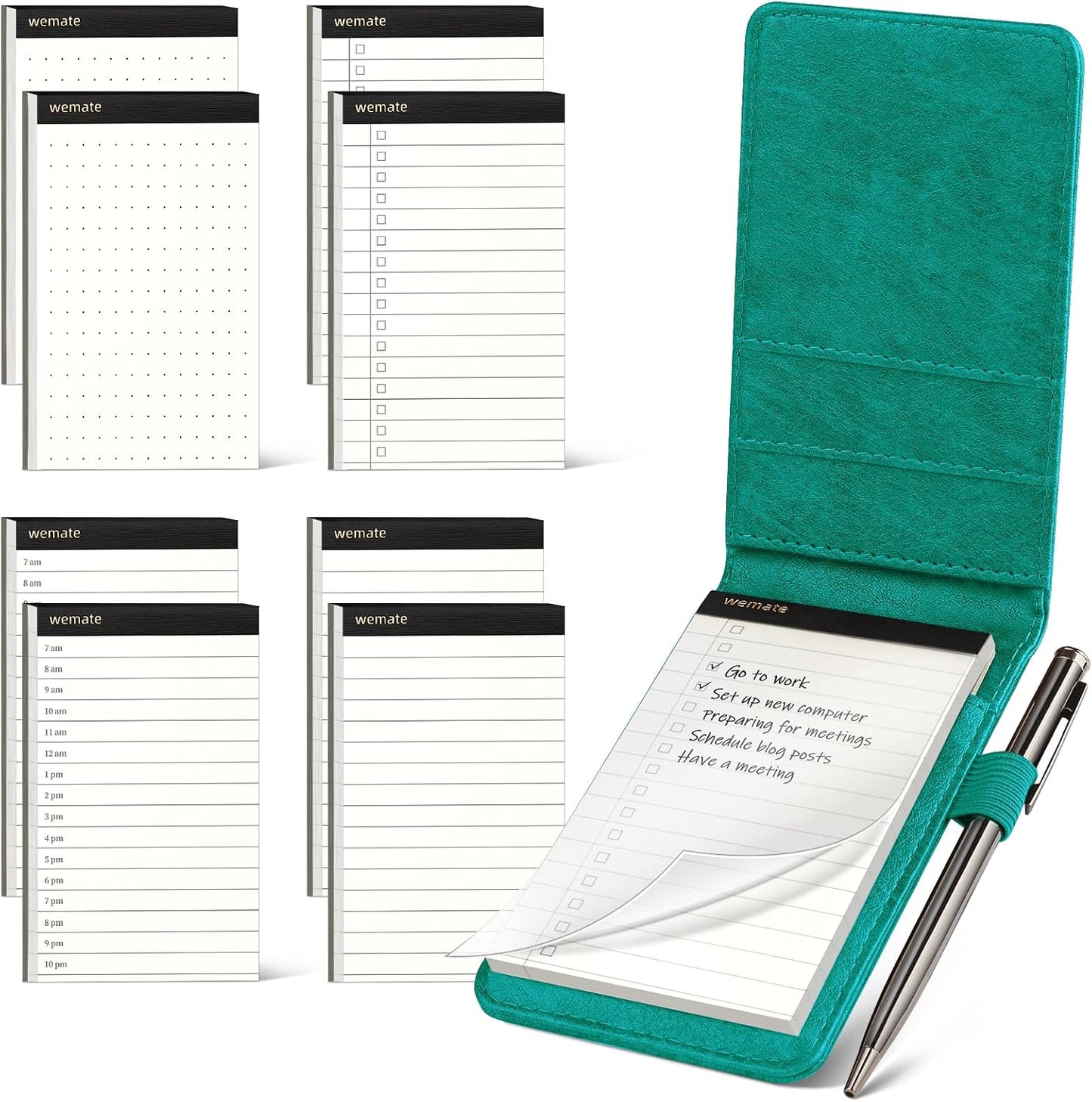 WEMATE 10 Pieces Small Notepad Holder Set Pocket Notebook - Included Mini Pocket Notepad Holder Set with 8 Memo Book Refills and Metal Pen for Meetings, Daily Records, and Notes 3 x 5 Inch (Black)