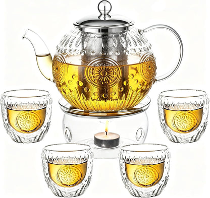 Amzcku 50OZ/1500ml Vintage Glass Teapot with Removable Infuser – Stovetop Safe, Borosilicate Glass Tea Kettle for Blooming & Loose Leaf Tea