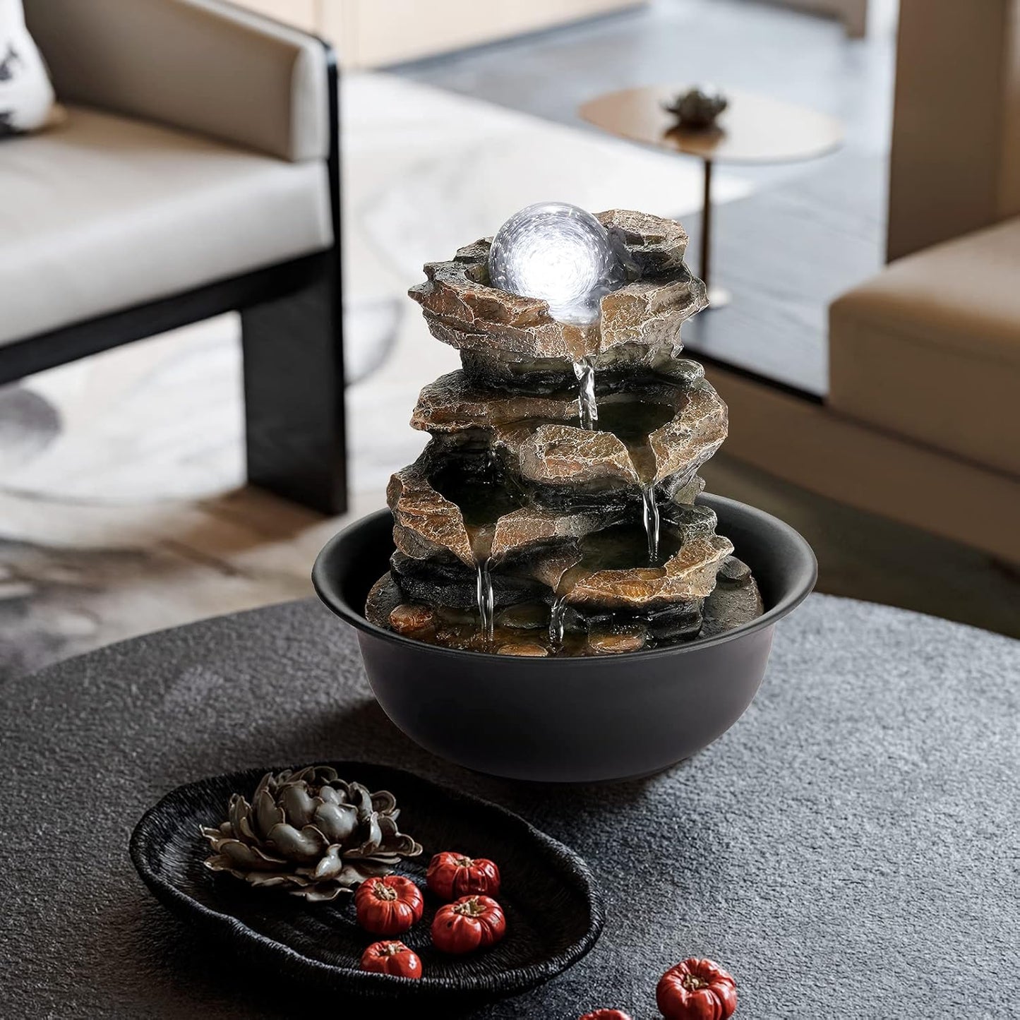 WICHEMI Indoor Fountain Tabletop Fountain Waterfall Fountains Stacked Rocks | Desktop Fountain With LED Light, Soothing Sound, Stress Relief, Humidifies Air, No Plumbing, Easy Setup, 11.8"X8.7"X5.9"