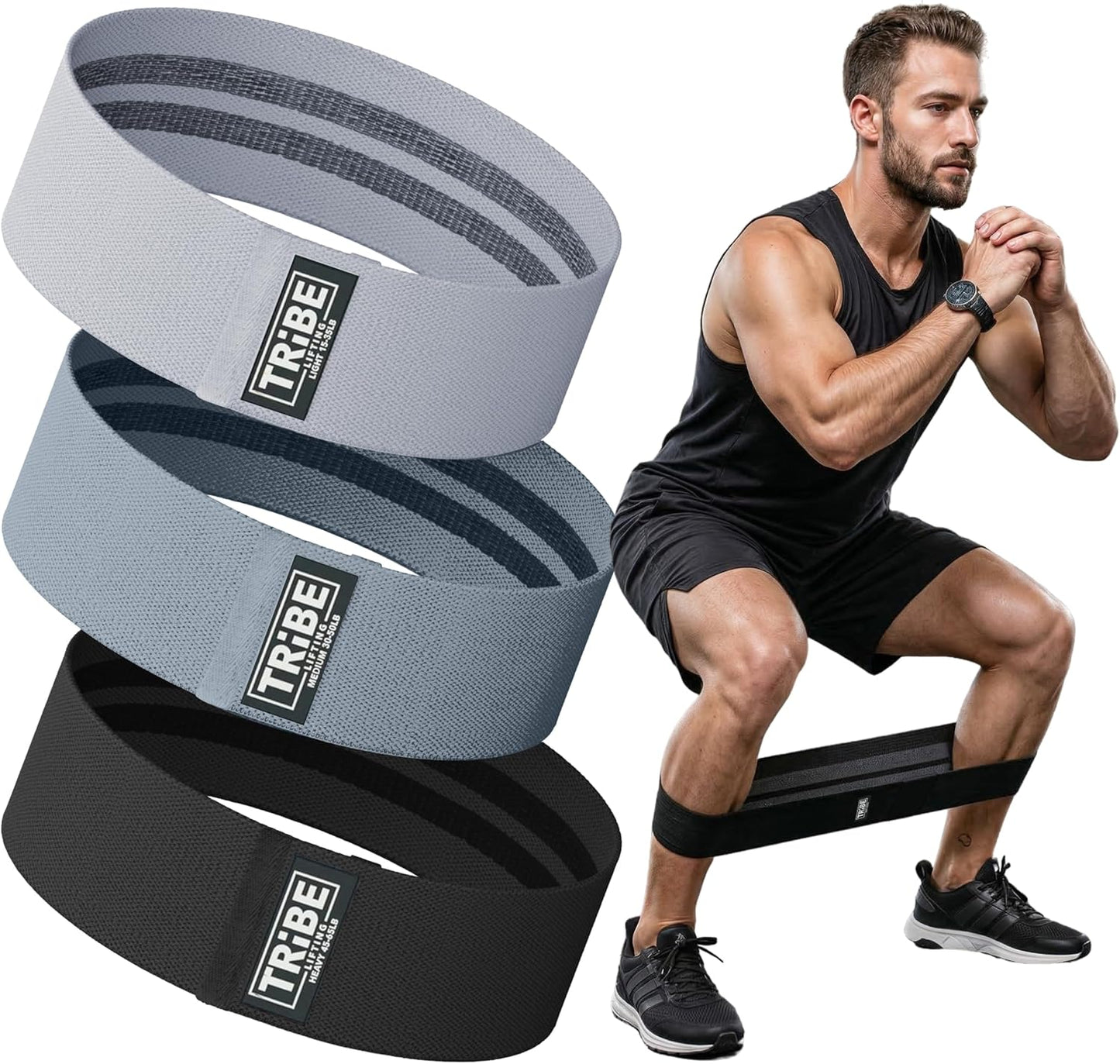 Tribe Lifting Resistance Bands for Working Out - 3 Pack Fabric Workout Bands for Women and Men - Booty Bands for Legs and Glute - Non Slip Exercise Bands Set for Squat Hip Thigh