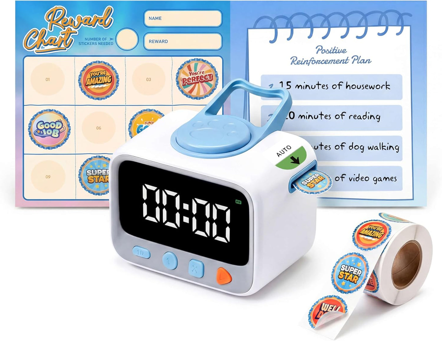 Sticker Timer Visual Countdown Timer with 200 Medal Reward Stickers for Kids Rewards, Rechargeable Digital Timer for ADHD Focus, Classroom & Homeschool Tool
