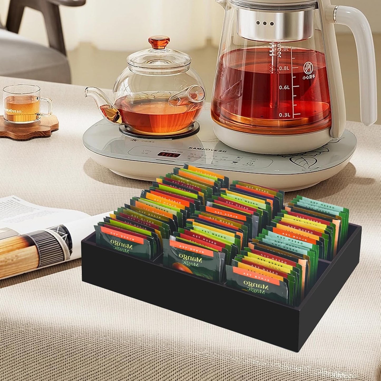 Tasybox Tea Bag Organizer, Clear Acrylic Tea Bag Holder with 6 Slot, Tea Packet Storage for Drawer, Pantry, Kitchen, Cabinet, Countertop