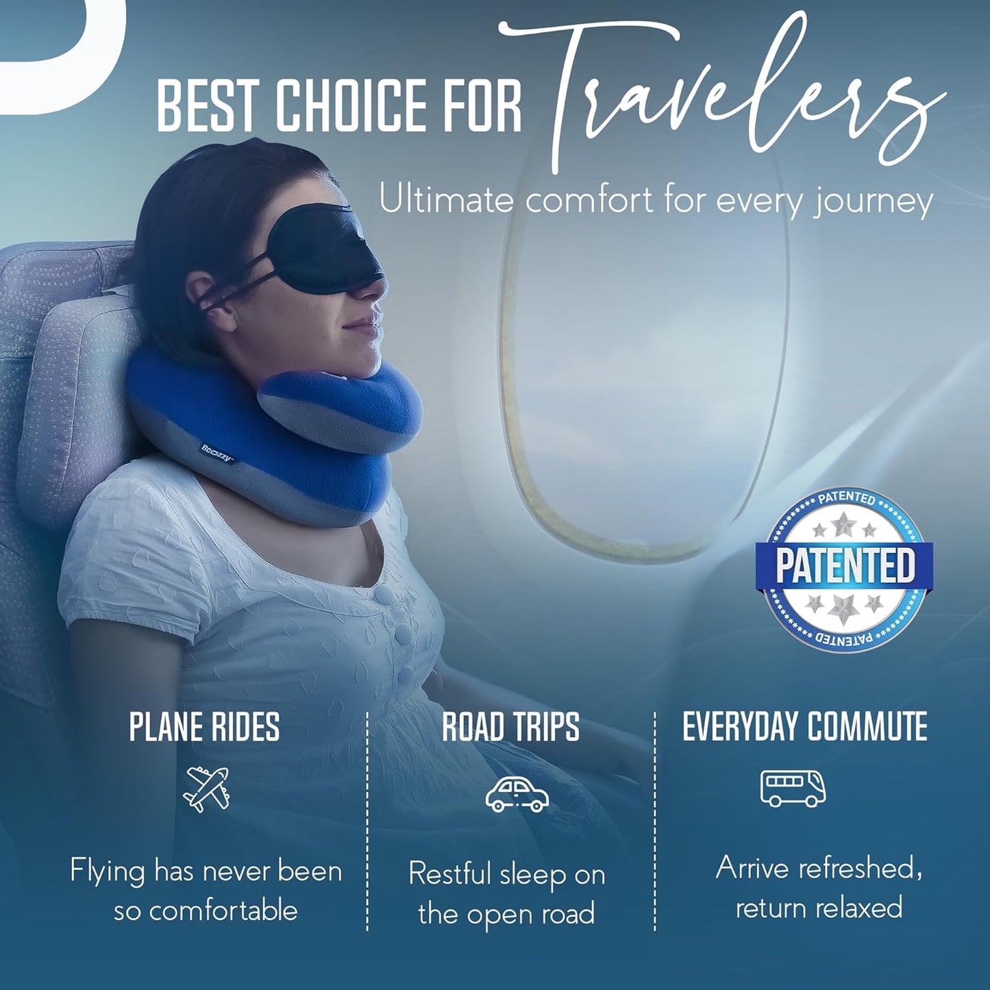 BCOZZY Travel Neck Pillow for Airplane – Patented Double Support for Head, Neck, and Chin. Best for Long Flights, Plane Sleeping, and Car Rides. Adjustable Size. Fully Washable. Carry Bag. Large, Gray