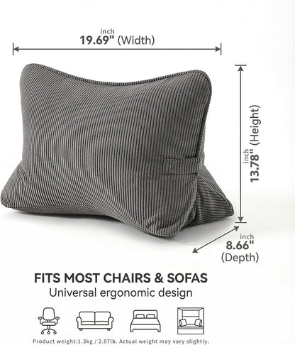 Pat. Pend. Corduroy Lumbar Support Back Pillow for Watching TV, Reading & Gaming, Ergonomic Triangle Support Cushion for Sofa, Armchair & Bed Sitting, Removable Washable Cover, Beige Gray